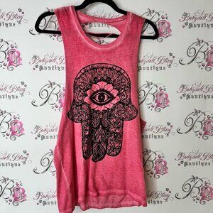 Word of mouth tank top distressed back ripped style Trendy Pink Hamsa Muscle Tee